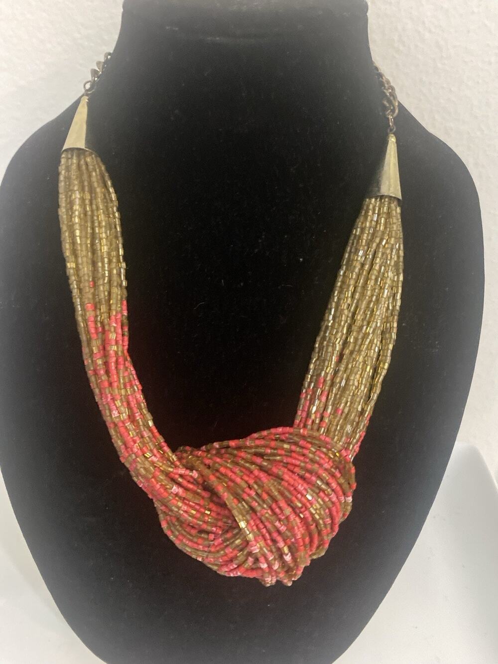 Necklace Multi Strand Red & Gold Seed Bead Necklace